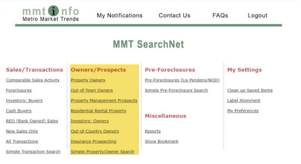 MMT SearchNet displays how to select your search criteria