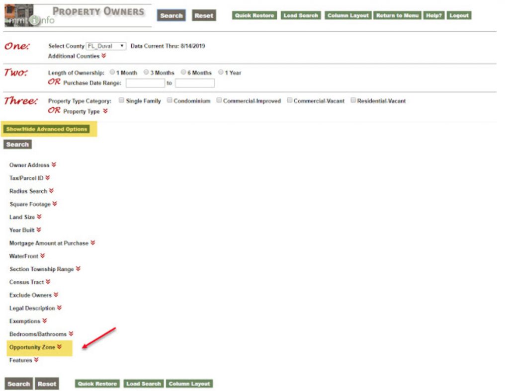 Opportunity Zones can be found under the Show/Hide Advanced Options