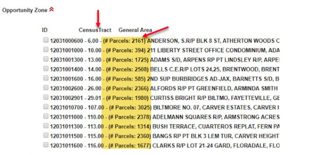 Opportunity Zones available in the Census Tracts for that county will be displayed