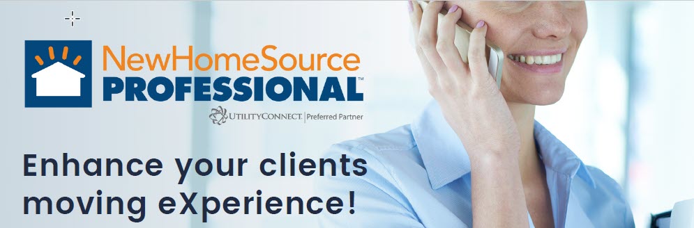 Woman talking on phone with New Home Source Professional logo