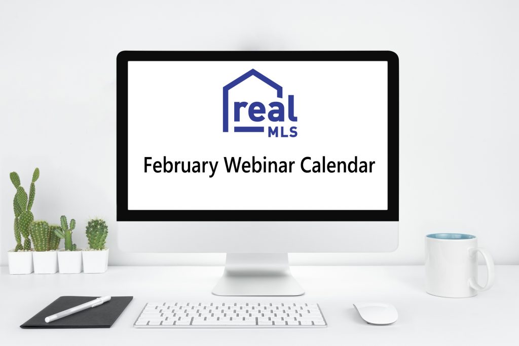 Computer monitor with realMLS logo and February Webinar Calendar