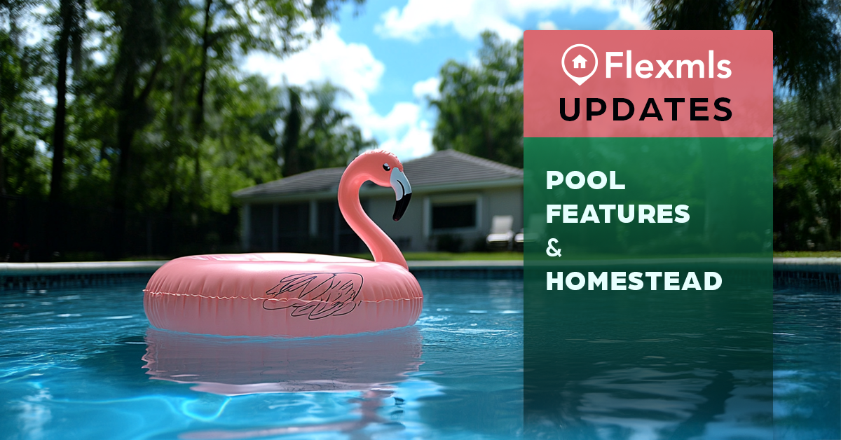 a flamingo pool floaty with the words "flexmls updates, pool features and homestead"