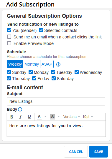 Screenshot of the Subscription settings and options.